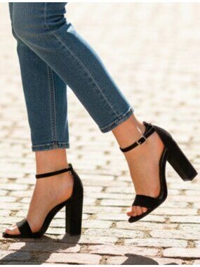 Womens Black Suede Block Heel Sandals With Adjustable Ankle Strap